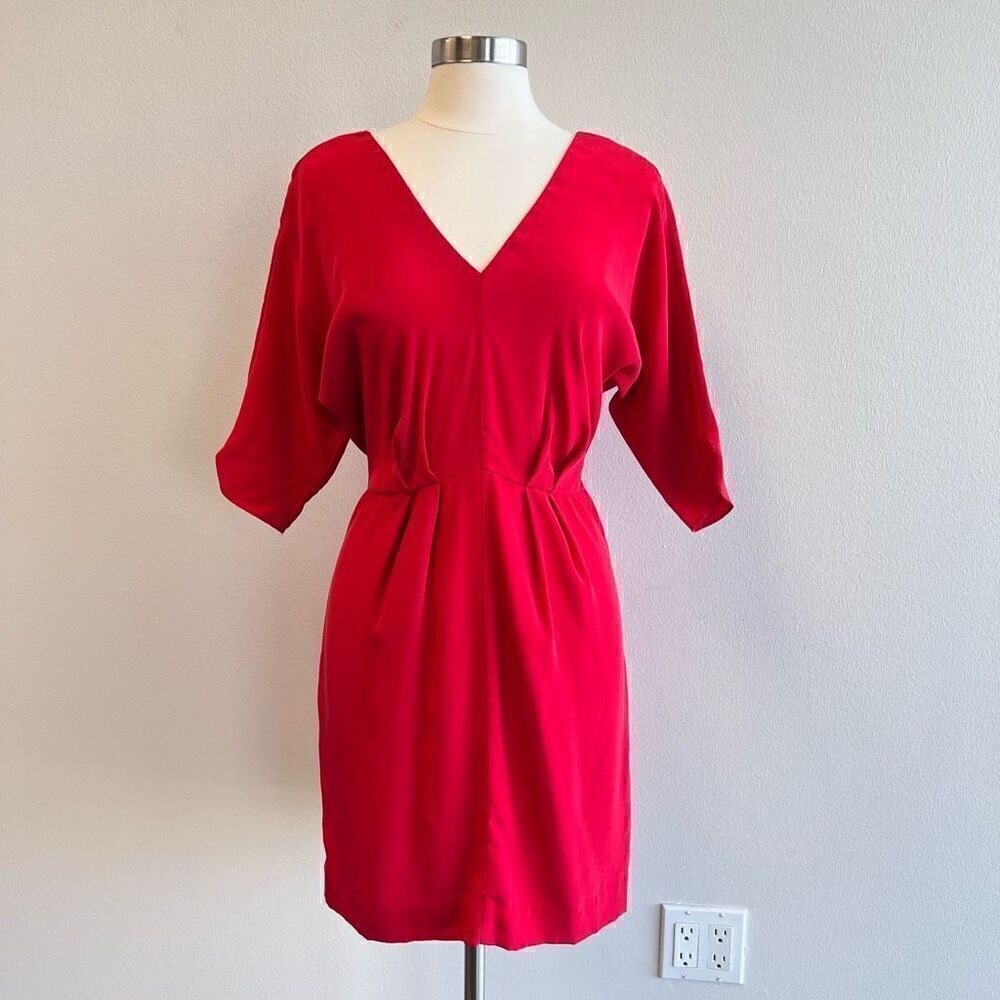 Revolve Milly Womens 6 100% Silk Dress Red V Neck Pleated Waist Back Zipper